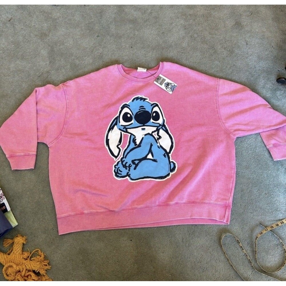 Primark Women's Disney Stitch Sweatshirt Size XL Long Sleeve Pink Crew Neck Crop